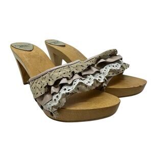 Tosca Blu Wood Clog Sandal Mules Heels Ruffle Suede Studded Size 40 US 9